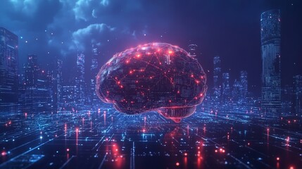 A sleek and futuristic concept of an artificial intelligence brain, surrounded by big data analytics, cloud systems, and digital networks, representing the intersection of AI and business technology.