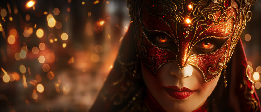 Mysterious woman in a golden mask with glowing lights in the background. Banner or header 
