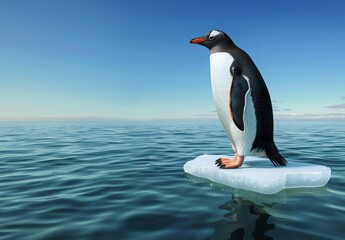 Obraz premium Penguin Standing on Ice Floe Amid Vast Ocean and Blue Sky Landscape