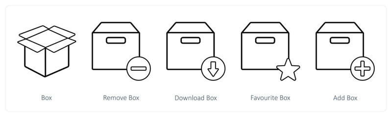 A set of 5 mix icons as box, remove box, download box