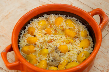 Traditional Brazilian dish chicken with pequi (caryocar brasiliense) and rice