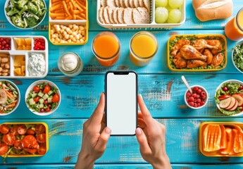 Person Holding an iPhone Surrounded by Delicious Lunch Boxes and Food.