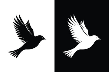 Birds black and white royalty free vector icon silhouettes. Dove Icon on Black and White Vector Background.	