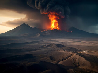 Landscape with volcanic eruption, lava flows and a large column of grey smoke..