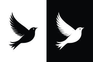 Obraz premium Birds black and white royalty free vector icon silhouettes. Dove Icon on Black and White Vector Background. 