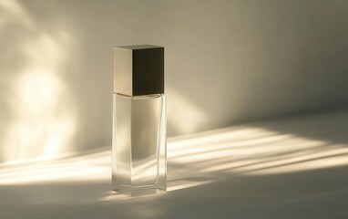 A sleek, minimalist perfume bottle with a transparent container and a metallic cap