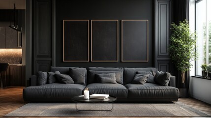 Fototapeta premium A sophisticated living room featuring a gray couch and three square accent art pieces on a bold black wall, creating a striking gallery-like triptych layout in rich, dark colors.