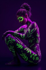 Woman in Neon Body Art with Leaf Patterns against Purple Background