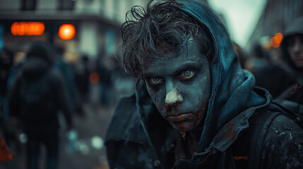Intense blue-eyed zombie in tattered hoodie amidst a crowded street