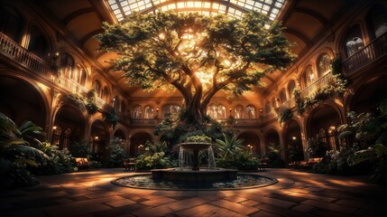 Majestic Tree in Grand Indoor Courtyard with Sunlit Fountain