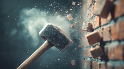 A strong swing of a sledgehammer smashing into a brick wall, sending dust and bricks flying, a visual metaphor for breaking down barriers or achieving a breakthrough.