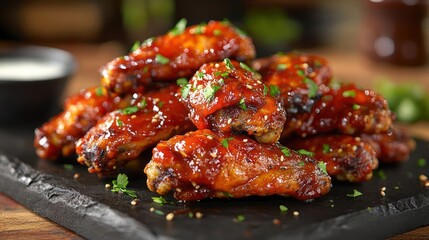 Fototapeta premium Tasty-looking barbecue chicken wings with a thick, flavorful glaze on a black slate board.