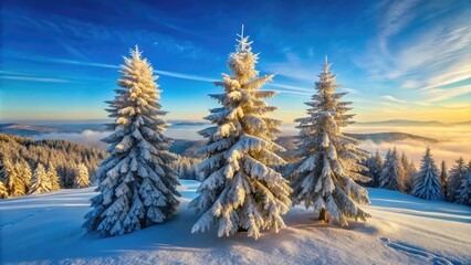 Fototapeta premium Three Frosted Pine Trees Against a Bright Blue Winter Sky â€“ Scenic Winter Landscape, Snowy Trees, Nature Beauty, Outdoor Photography, Seasonal Serenity, Cold Weather, Blue Sky, Winter Wonderland