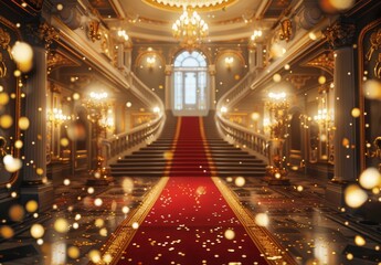 Red Carpet Leading to a Golden Hall with Falling Confetti.