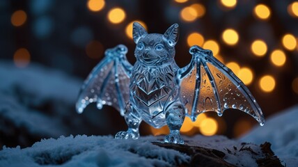 A glass bat figurine on snow with a blurry background of warm lights.