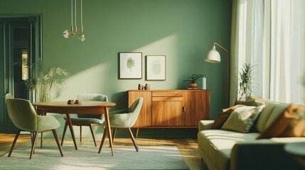 A stylish, open-concept room featuring mint-colored chairs around a wooden dining table, a comfortable modern sofa, and a wooden cabinet near a soft green wall, creating a fresh, inviting atmosphere.