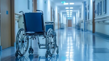 A quiet hospital corridor with empty carts, indicating the readiness of medical staff. Wide, open corridors and soft ambient lighting enhance the sense of calm, which is important in healthcare facili