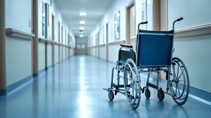 An empty hospital corridor with neatly arranged carts highlights the clean and sterile environment. Bright fluorescent lights highlight the calmness and readiness of the facility to receive assistance