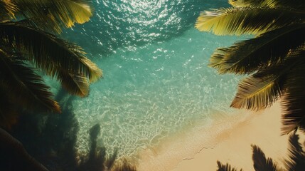 A top-down view of a secluded beach with clear, shallow waters gently lapping against the shore, framed by palm trees swaying in the breeze.