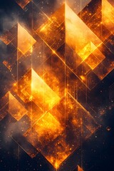 Fototapeta premium An abstract depiction of glowing golden crystals emerging from a dark, smoky background, creating a dramatic and dynamic visual effect.