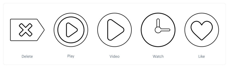 A set of 5 mix icons as delete, play, video