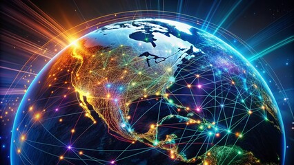 Vibrant abstract globe illuminates North America, emphasizing interconnected digital pathways and financial networks through glowing circuits, 