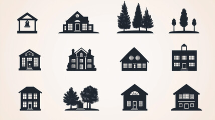 Fototapeta premium Set of Black Building Icons on White Background