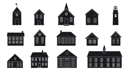 Set of Black Building Icons on White Background