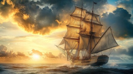 A vintage tall ship with towering masts and full sails, crossing the open ocean under a cloudy sky, evoking the romance of old-world exploration.