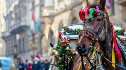 A horse-drawn carriage decorated with colorful ribbons at a festive holiday parade in a historic city center, City setting with festive decorations and historic landmarks, Photo of