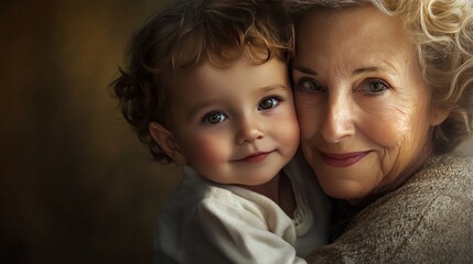 A warm portrait of a grandmother holding her grandchild, both smiling into the camera, with soft natural light illuminating the scene.