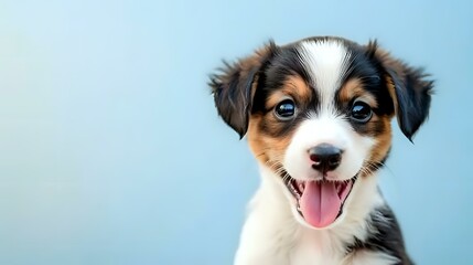 Fototapeta premium A playful puppy with a joyful expression, set against a soft blue background.