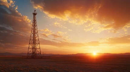 A majestic oil derrick in the middle of an open field at sunset
