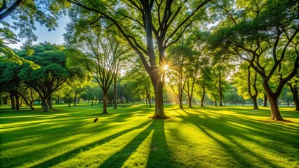 Fototapeta premium Warm sunlight filters through lush green trees, casting dappled shadows on a tranquil park lawn, perfect for a relaxing outdoor stroll or leisurely gathering.