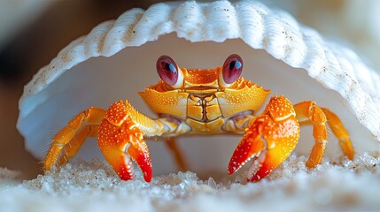 On a sandy beach, a tiny orange crab with red claws emerges from its white seashell home. 