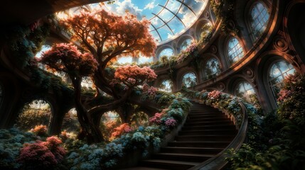 Obraz premium Serene Garden Atrium With Blossoming Tree and Elegant Staircase