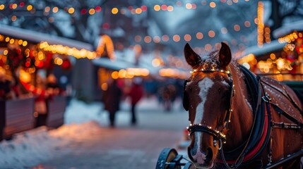 A horse-drawn carriage decorated with festive lights at a winter holiday market with snow-covered stalls and festive decorations, Festive setting with holiday cheer and seasonal festivities, Photo of