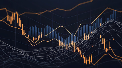 Fototapeta premium Golden lines tracing the path of an abstract market chart over a dark background, symbolizing financial trends. ( Business Concept )