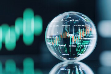 Reflection of financial numbers and graph on glass globe