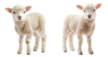 Fototapeta premium Fluffy lambs standing side by side, showcasing their soft wool and playful expressions. These adorable animals evoke feelings of joy and innocence in serene setting