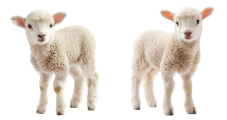 Fluffy lambs standing side by side, showcasing their soft wool and playful expressions. These adorable animals evoke feelings of joy and innocence in serene setting