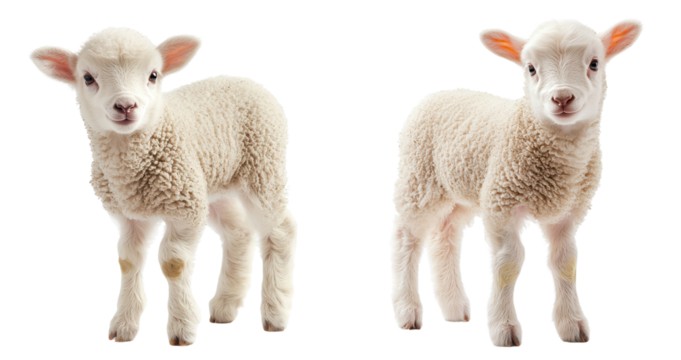Fluffy lambs standing side by side, showcasing their soft wool and playful expressions. These adorable animals evoke feelings of joy and innocence in serene setting