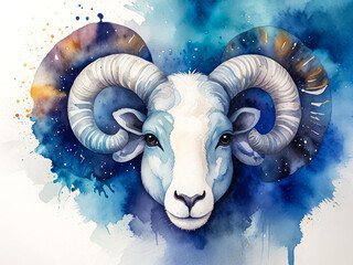 Watercolor drawing in blue of zodiac sign Aries. Animal ram, Capricorn