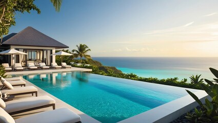 A luxurious oceanfront villa with a spacious patio overlooking the water, captured at sunset with warm lighting and serene atmosphere.