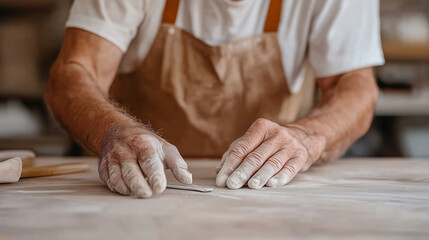 A detailed close-up of a technician&acirc;s hands skillfully repairing the grout between ceramic tiles. The technician uses specialized tools to remove old, damaged grout and prepare the