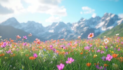Obraz premium A vibrant meadow filled with colorful flowers against a backdrop of majestic mountains.