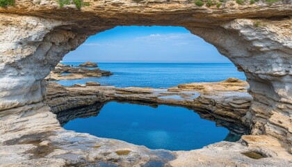 An empty cave opening showcasing a serene seascape under clear skies