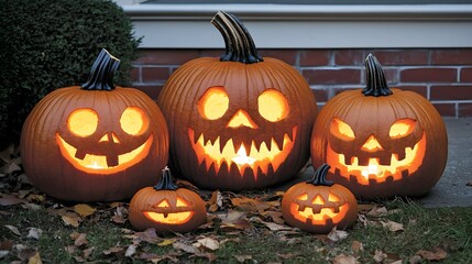 Fototapeta premium A row of pumpkins with their faces carved on them, some of which have a smiley face