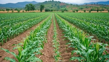 Expansive cultivated corn field promoting sustainability in a green world setting