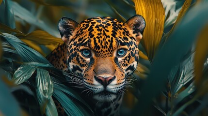 Majestic Jaguar with Piercing Blue Eyes in Lush Rainforest